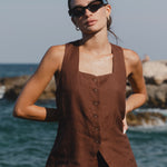 Coastal Chocolate Linen Longline Crew Vest