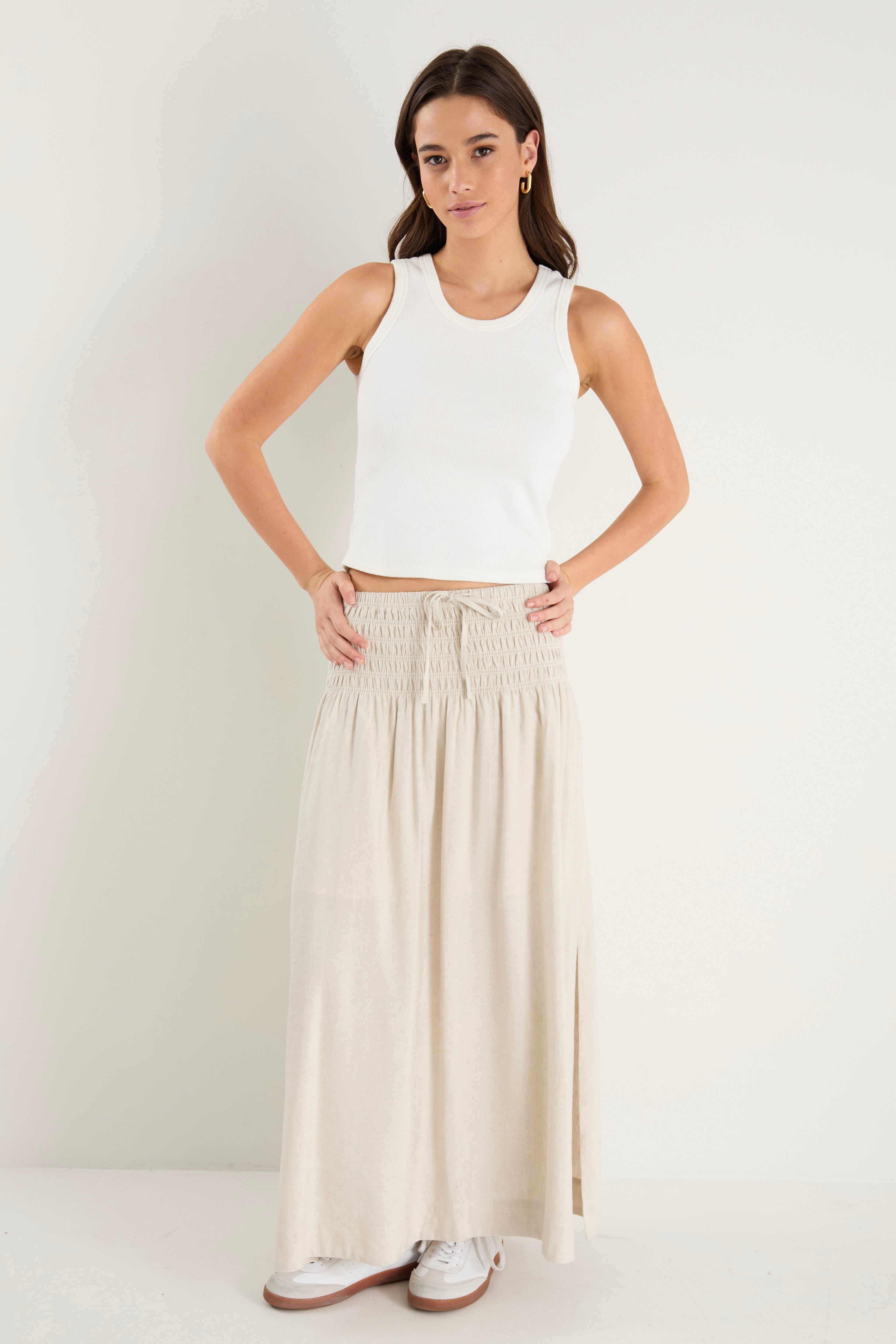 Shop Byron Natural Linen Shirred Waist Maxi Skirt | Flo Shop Byron Natural Linen Shirred Waist Maxi Skirt | Flo