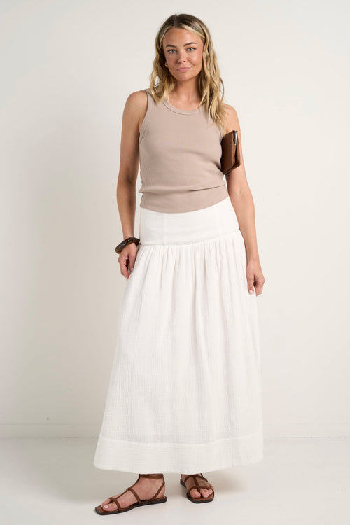 model wears White Cotton Maxi Skirt