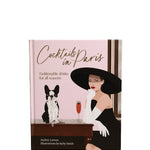 Book cover of 'Cocktails in Paris' with a woman, dog, and cocktail glass illustration.