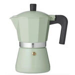 A classic Italian-style stovetop moka pot espresso maker in a light sage green color, featuring a black handle, black lid knob, and a silver metal band around the middle, set against a plain white background.