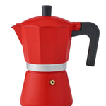 A classic red stovetop moka pot with a black handle and lid knob, featuring a silver metal band around the middle and a small brass valve on the base, isolated on a white background.