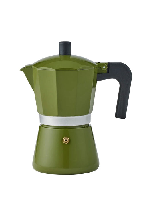 An olive green stovetop moka pot with a black handle and lid knob, set against a plain white background.