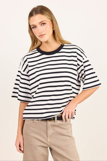 Cohesion Black White Stripe Oversized Contrast Binding Boxy SS Tee