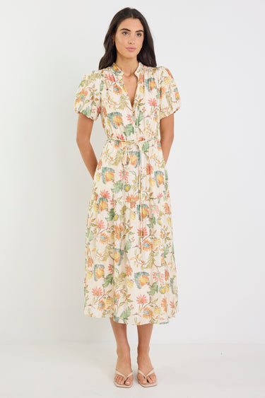 Comet Peach Bloom Short Puff Sleeve Button Front Midi Dress