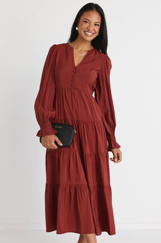 Compelling Copper LS Button Front Tiered Maxi Dress