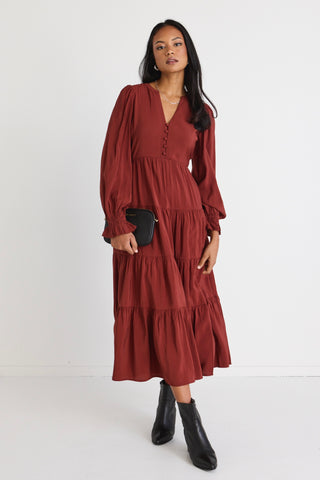 Compelling Copper LS Button Front Tiered Maxi Dress