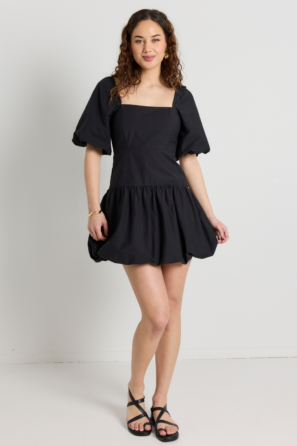 Shop Composure Black Puff Short Sleeve Bubble Mini Dress | Flo & Frank