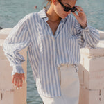 model wears a blue stripe shirt