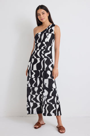 Conscious Black Wave Print One Shoulder Maxi Dress