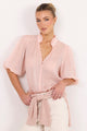 Continuance Blush Ramie High Neck Buttoned SS Top