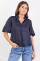 Continuance Navy Ramie High Neck Buttoned SS Top