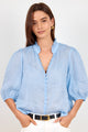 Continuance Pale Blue Ramie High Neck Buttoned SS Top