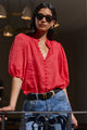 Continuance Red Ramie High Neck Buttoned SS Top