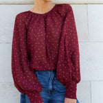 Cosmopolitan Burgundy Polka Dot Crew Neck Floaty LS Top