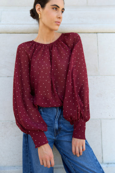 Cosmopolitan Burgundy Polka Dot Crew Neck Floaty LS Top