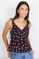 Crave Chocolate Blue Polka Dot Georgette Ruffle Neck Cami Top