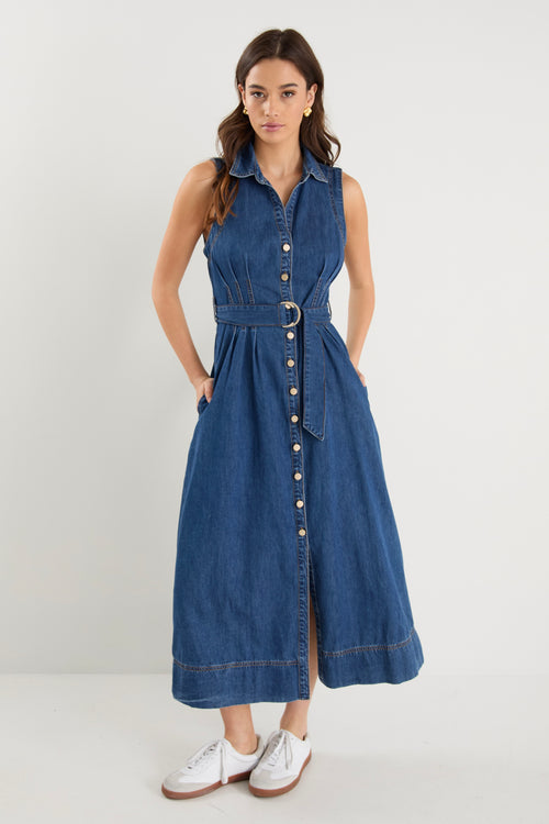 Shop Crescent Storm Blue Denim Sleeveless Midi Shirt Dress | Flo & Fra Shop Crescent Storm Blue Denim Sleeveless Midi Shirt Dress | Flo & Fra