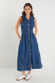 Crescent Storm Blue Denim Sleeveless Midi Shirt Dress