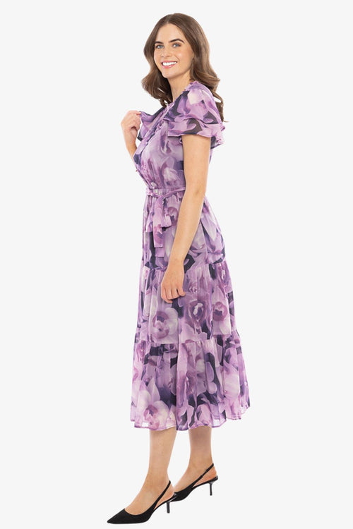 model in purple floral maxi dress