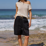 Scale Black Pleat Front Linen Bermuda Shorts