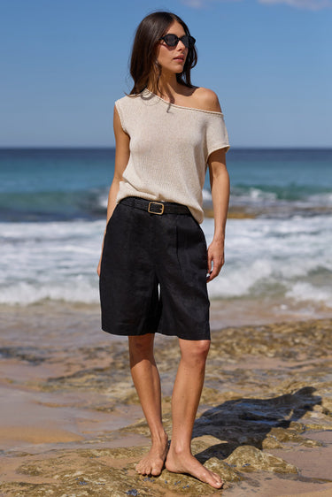 Scale Black Pleat Front Linen Bermuda Shorts