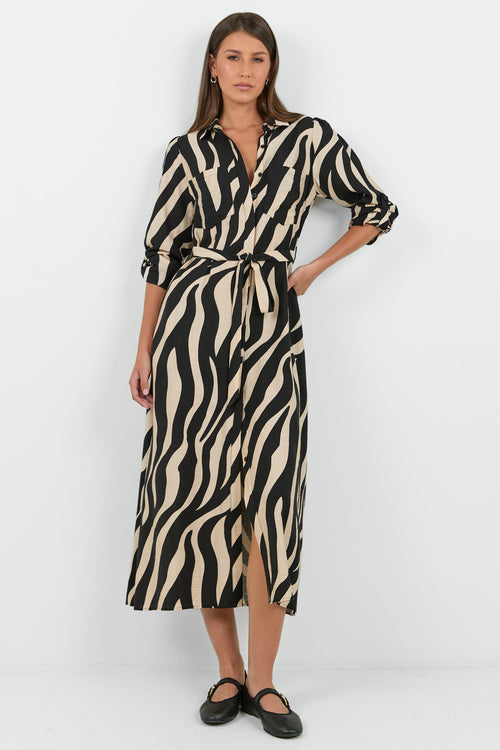 black and cream shirt dress YAS tie waist maxi shirt dress in black and cream stripe
