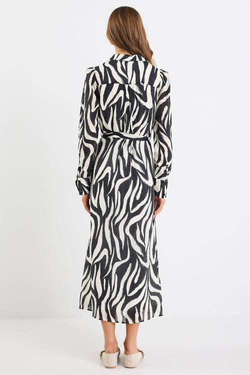 Shop Cyprus Black Zebra LS Shirt Midi Dress | Flo & Frankie Shop Cyprus Black Zebra LS Shirt Midi Dress | Flo & Frankie