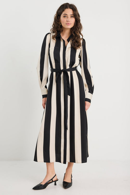 Shop Cyprus Black Sand Stripe Satin LS Shirt Midi Dress | Flo & Franki Shop Cyprus Black Sand Stripe Satin LS Shirt Midi Dress | Flo & Franki
