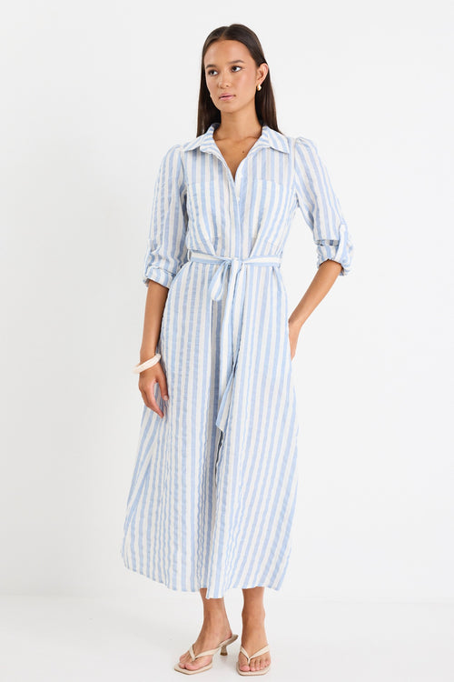 model wears a blue and white stripe shirt midi dress
