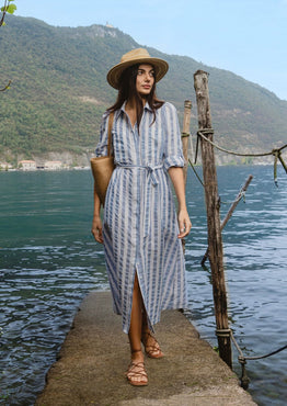 model wears blue and white stripe midi dress