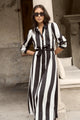 Cyprus Black White Stripe Satin LS Shirt Midi Dress