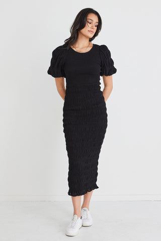 Jade Black Shirred Cotton Puff Sleeve Ruched Maxi Dress