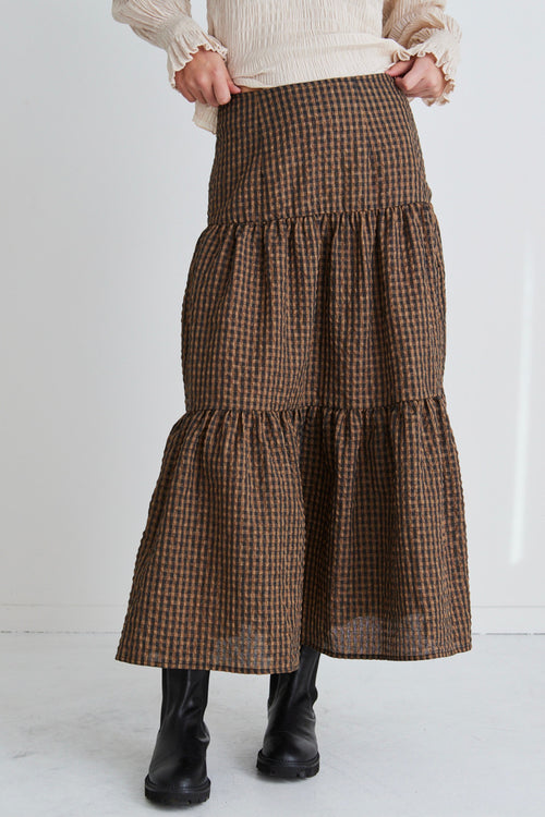 Stella Toffee Gingham Tiered Midi Skirt WW Skirt Ivy + Jack   