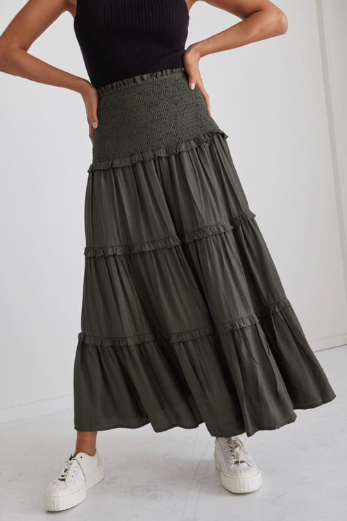 Soaring High Dark Khaki Satin Shirred Waist Tiered Midi Skirt WW Skirt Among the Brave   