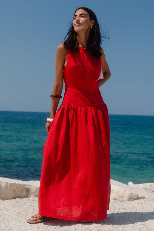 Shop Results Red Linen Blend Structured Sleeveless Maxi Dress | Flo & Shop Results Red Linen Blend Structured Sleeveless Maxi Dress | Flo &