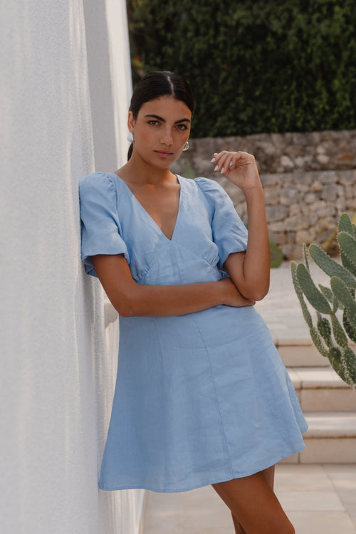 Shop Adelaide Sky Blue Linen Puff Sleeve Panelled Mini Dress | Flo & F Shop Adelaide Sky Blue Linen Puff Sleeve Panelled Mini Dress | Flo & F