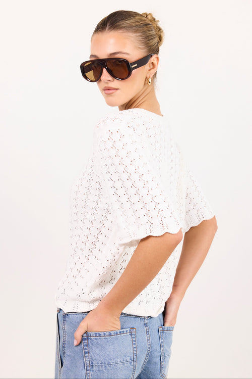 A woman wearing a white eyelet knit short-sleeve top and light blue jeans, photographed against a plain white studio background.