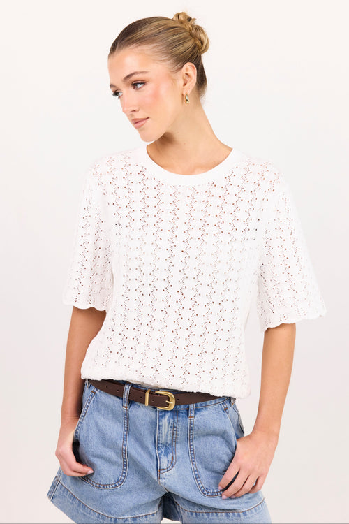 A woman wearing a white short-sleeve knit top with a textured openwork pattern, paired with light blue denim shorts and a brown belt, against a plain white studio background.
col_pattern