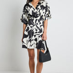 Dali Black White Satin SS Kimono Mini Dress