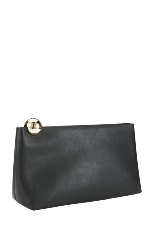 A black leather clutch bag with a distinctive gold-tone spherical accent on the front flap, shown against a plain white background.