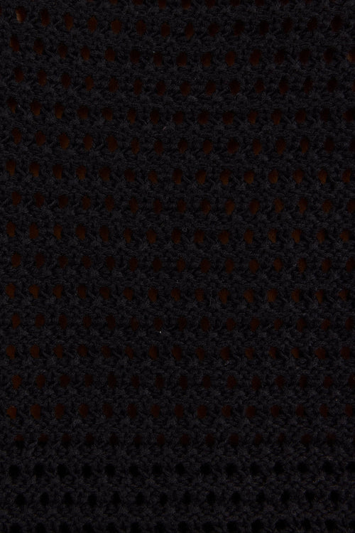 Close-up of a dark knit fabric texture with a repeating openwork pattern, appearing black or very deep charcoal.