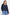 Woman wearing a navy blue sweater and blue jeans on a white background