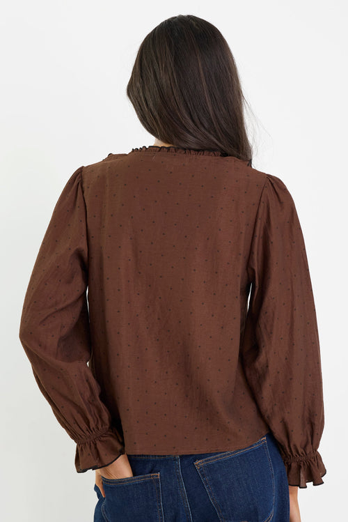 Person wearing a brown blouse and blue jeans on a white background