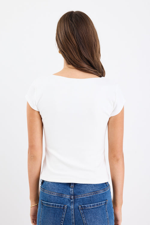 white rib fitted top with blue jeans