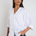 Deity White Linen Button Through Puff Sleeve Blouse