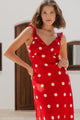 Delightful Cherry Polka Dot Satin Bias Slip Maxi Dress