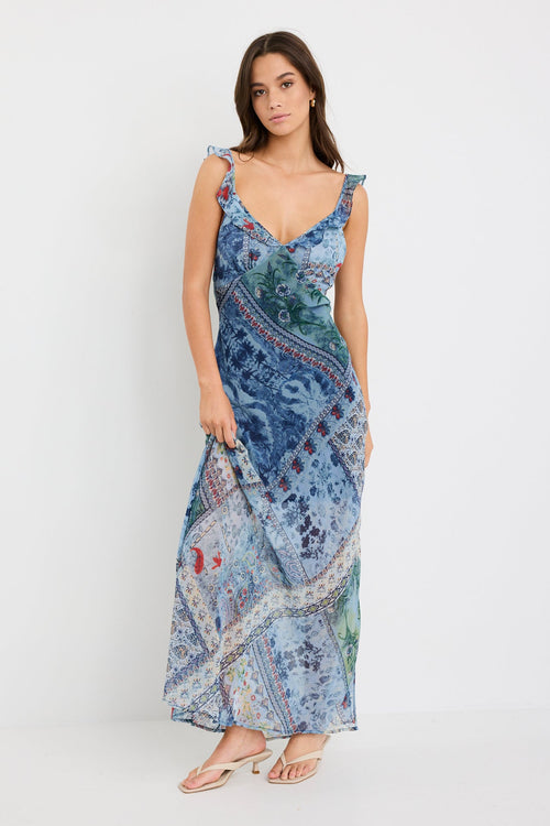 Shop Delightful Blue Scarf Print Georgette Bias Slip Maxi Dress | Flo Shop Delightful Blue Scarf Print Georgette Bias Slip Maxi Dress | Flo