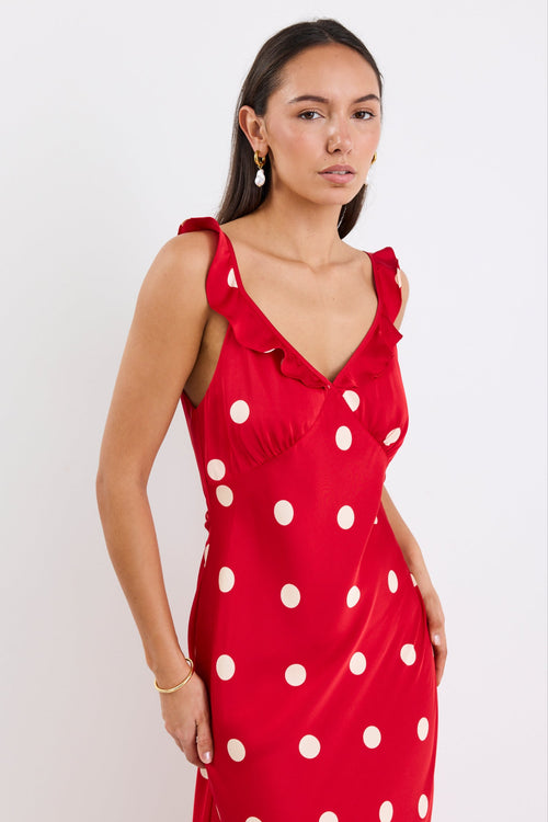 Shop Delightful Cherry Polka Dot Satin Bias Slip Maxi Dress | Flo & Fr Shop Delightful Cherry Polka Dot Satin Bias Slip Maxi Dress | Flo & Fr