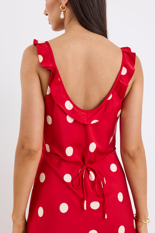 Shop Delightful Cherry Polka Dot Satin Bias Slip Maxi Dress | Flo & Fr Shop Delightful Cherry Polka Dot Satin Bias Slip Maxi Dress | Flo & Fr
